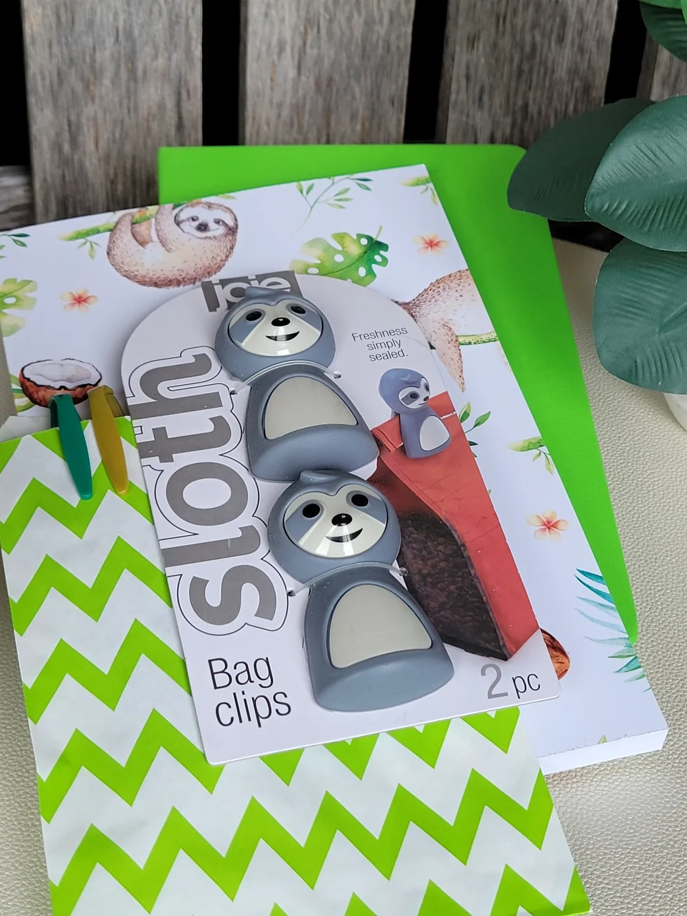 Sloth Pattern Notebook, Green Journal, Sharpies, Gray Sloth Bag Clips – 2-Pack